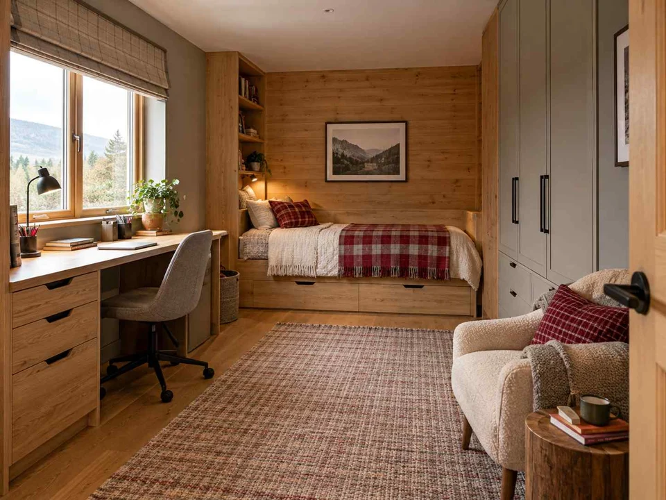 AI concept of a bedroom with desk space, task lighting and nearby storage, with timber finishes and checked bedding