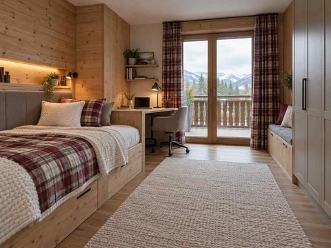 AI concept of a bedroom opening towards full-height glazed doors, with timber finishes and checked bedding