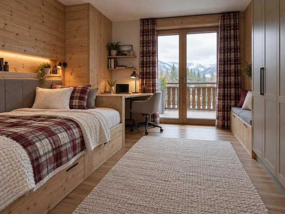 AI concept of a bedroom opening towards full-height glazed doors, with timber finishes and checked bedding