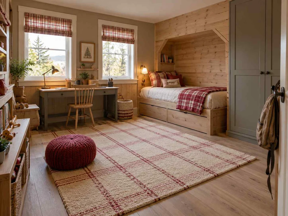 AI concept of a bedroom with a central rug and open floor space for play, with timber finishes and checked bedding