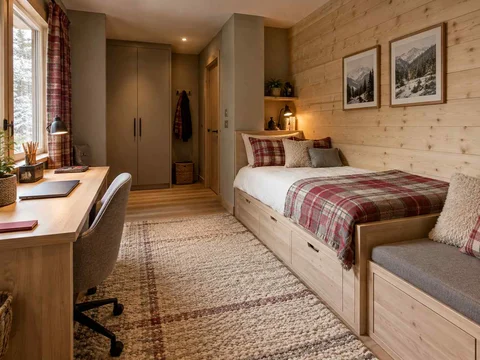AI concept of a bedroom with a study desk and storage beside the sleeping area, with timber finishes and checked bedding