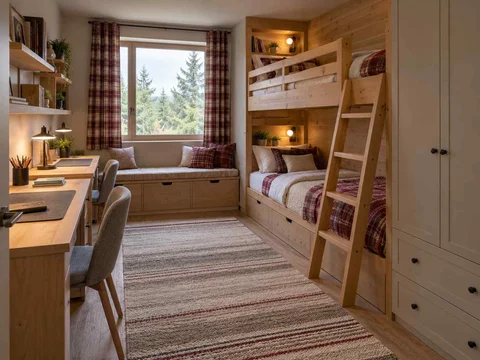 AI concept of bunk beds alongside study furniture and storage, with timber finishes and checked bedding