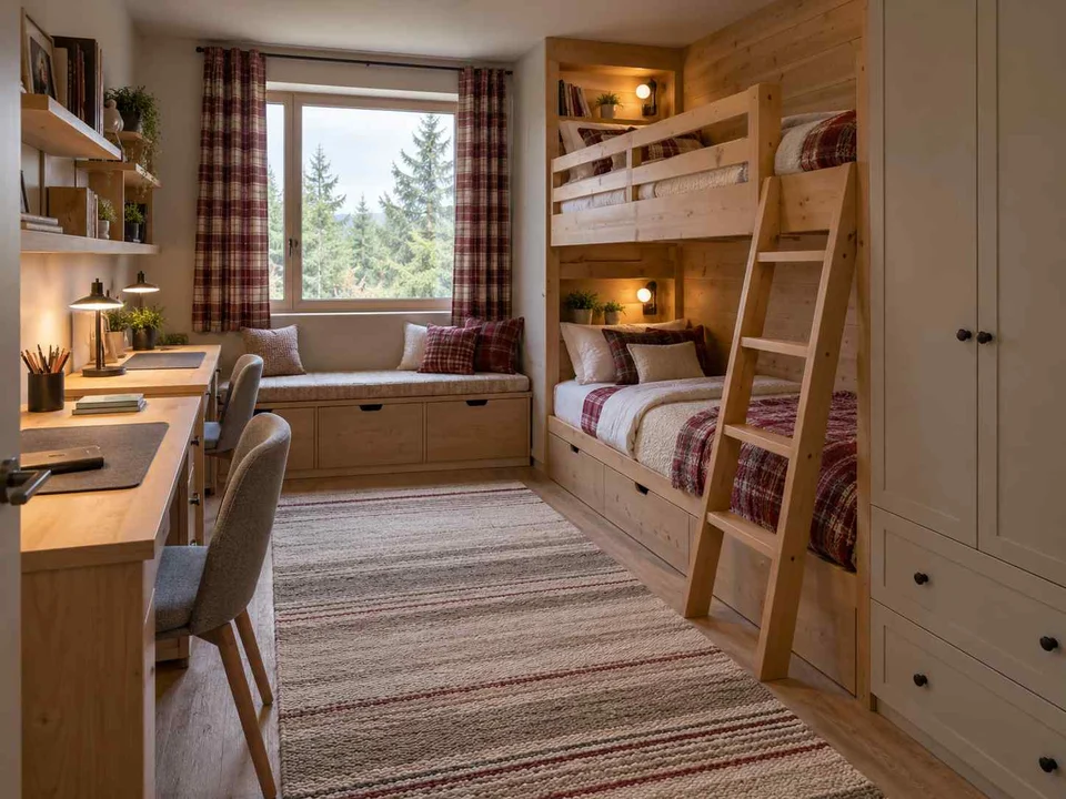 AI concept of bunk beds alongside study furniture and storage, with timber finishes and checked bedding