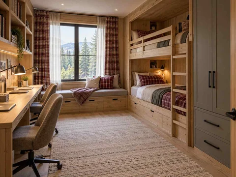 AI concept of bunk beds paired with bookshelves and study space, with timber finishes and checked bedding