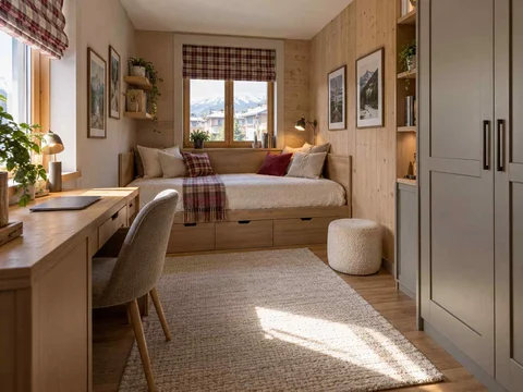 AI concept of a compact bedroom combining a bed, desk and storage, with timber finishes and checked bedding