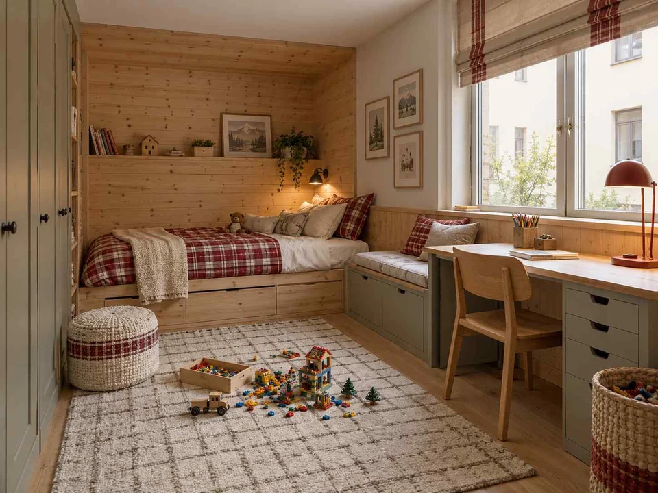 AI concept of a daylit bedroom with space for floor play, with timber finishes and checked bedding