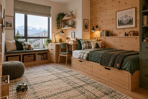 AI concept: a timber-panelled wall and storage bed with a green quilt and a built-in window seat