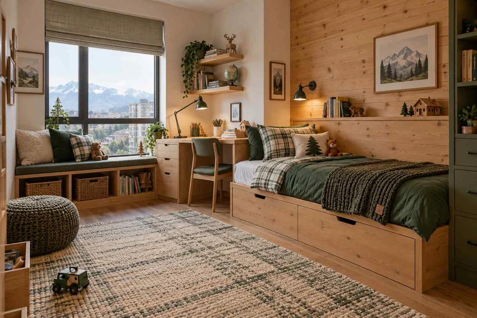 AI concept: a timber-panelled wall and storage bed with a green quilt and a built-in window seat