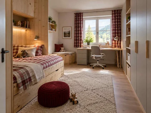 AI concept of a bedroom with a bed, study desk and open central floor space, with timber finishes and checked bedding