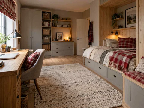 AI concept of a bedroom combining low storage with taller cabinetry or shelving, with timber finishes and checked bedding