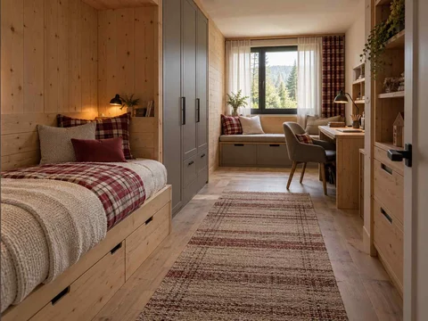 AI concept of a long bedroom with sleeping and study areas arranged along its length, with timber finishes and checked bedding