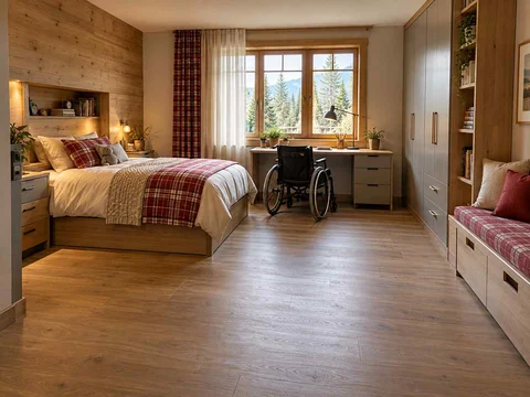 AI concept of a bedroom with an open central floor area and furniture arranged around its edges, with timber finishes and checked bedding