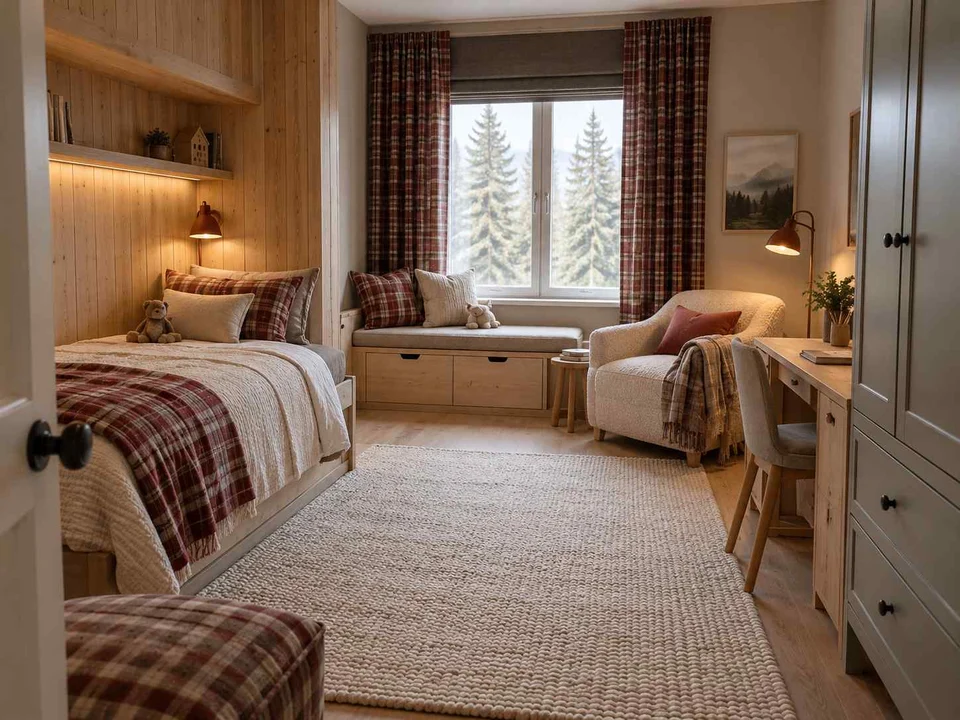 AI concept of a bedroom arranged around sleep, storage and a small sitting area, with timber finishes and checked bedding