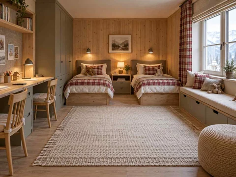 AI concept of a shared bedroom with twin sleeping areas and daylight from the window side, with timber finishes and checked bedding