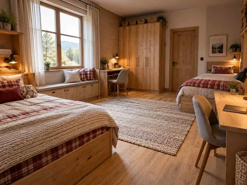 AI concept of a shared bedroom with two sleeping areas and desk space, with timber finishes and checked bedding