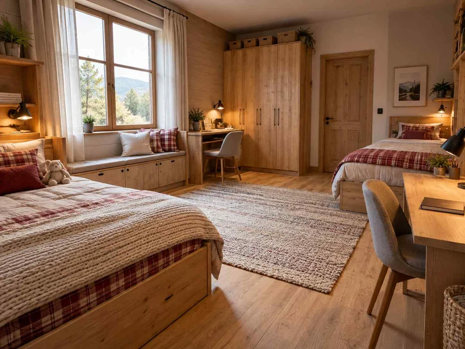 AI concept of a shared bedroom with two sleeping areas and desk space, with timber finishes and checked bedding