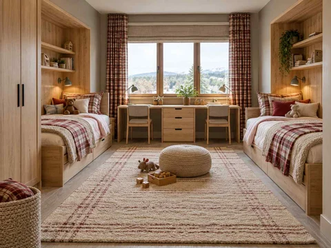 AI concept of two beds arranged around a shared central floor area, with timber finishes and checked bedding