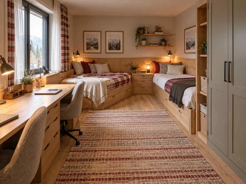 AI concept of a shared bedroom with two sleeping areas and study furniture, with timber finishes and checked bedding