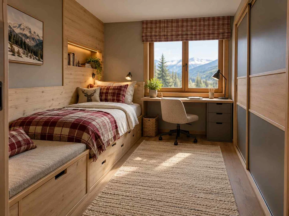 AI concept of a small bedroom with a bed, study furniture and integrated storage, with timber finishes and checked bedding