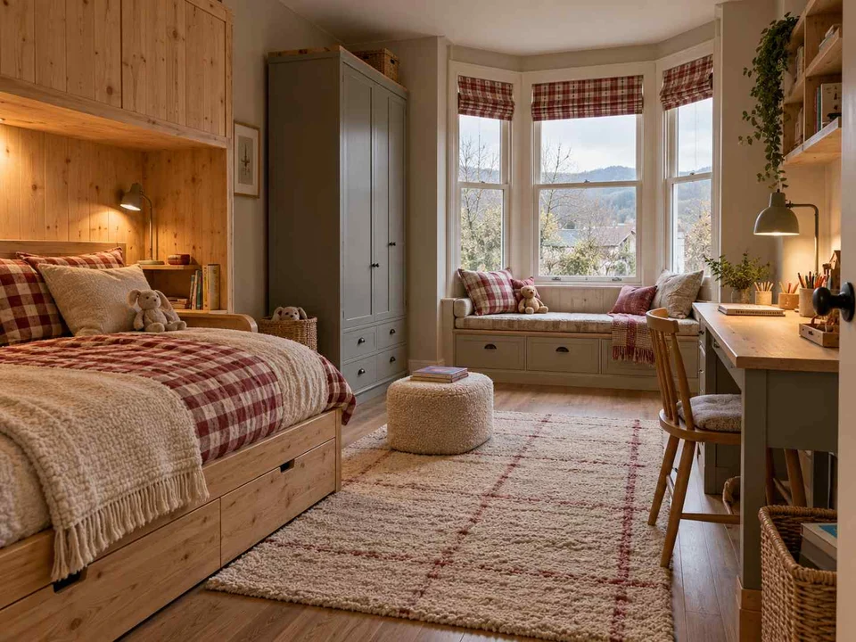 AI concept of a bedroom with a window-side seating area, with timber finishes and checked bedding