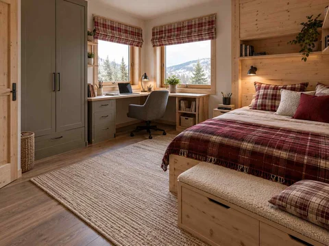 AI concept of a bedroom with a desk positioned near a window, with timber finishes and checked bedding