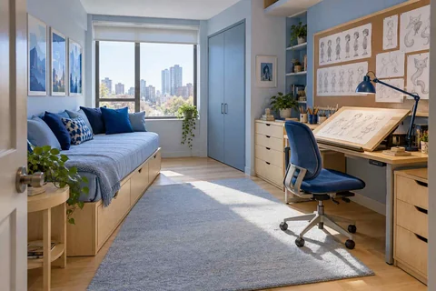 AI concept: a blue daybed and angled drawing desk beneath a wall of sketches