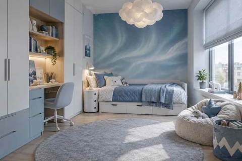 AI concept: a blue bedroom with an aurora-style mural, cloud pendant and low storage bed