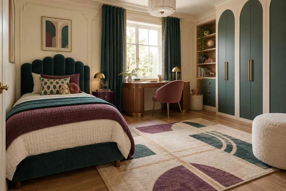 AI concept: a scalloped green headboard, geometric wall treatment and jewel-toned textiles