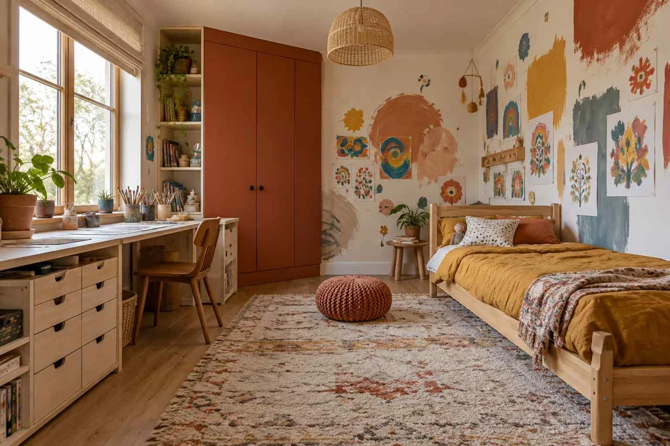 AI concept: a low bed beside a mural and children's artwork, with an extended window workbench
