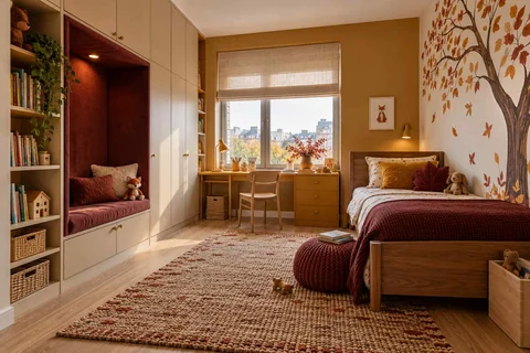 AI concept: an autumn tree mural, rust-coloured bed and red reading alcove beside a window desk