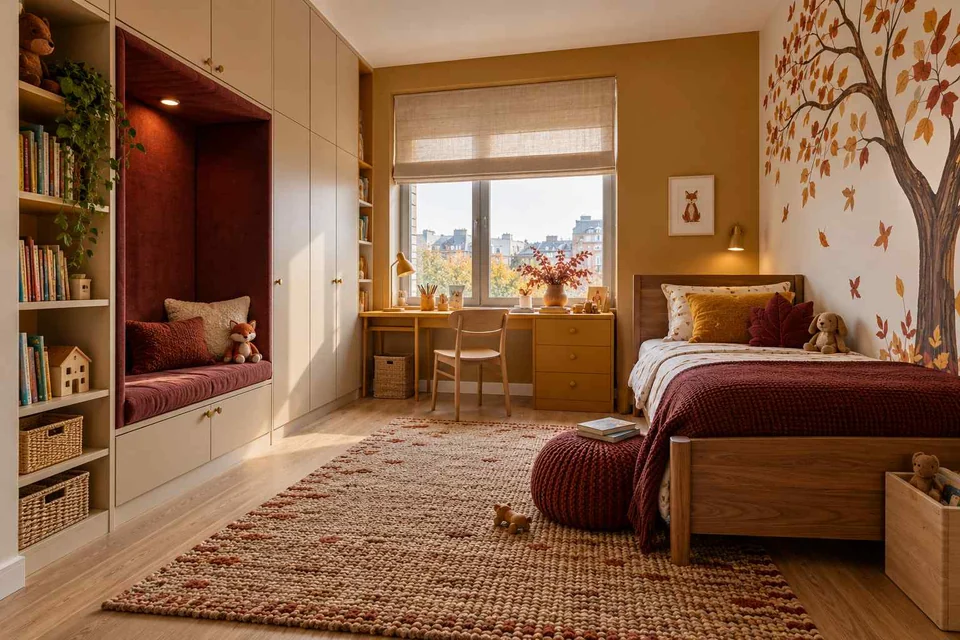 AI concept: an autumn tree mural, rust-coloured bed and red reading alcove beside a window desk