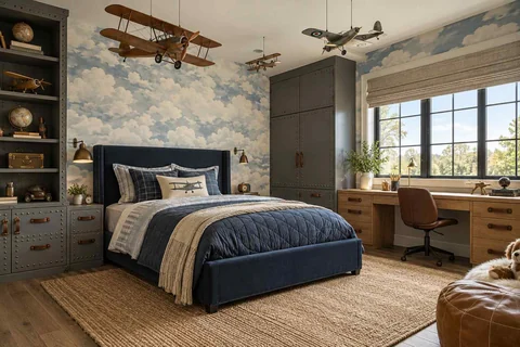 AI concept: model aircraft hang above a blue bed against a sky mural beside a window desk