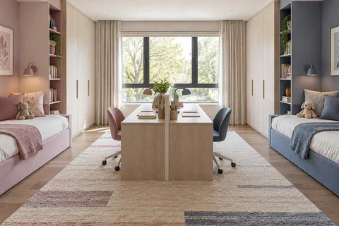 AI concept: two study places sit back to back between beds in contrasting pink and blue zones