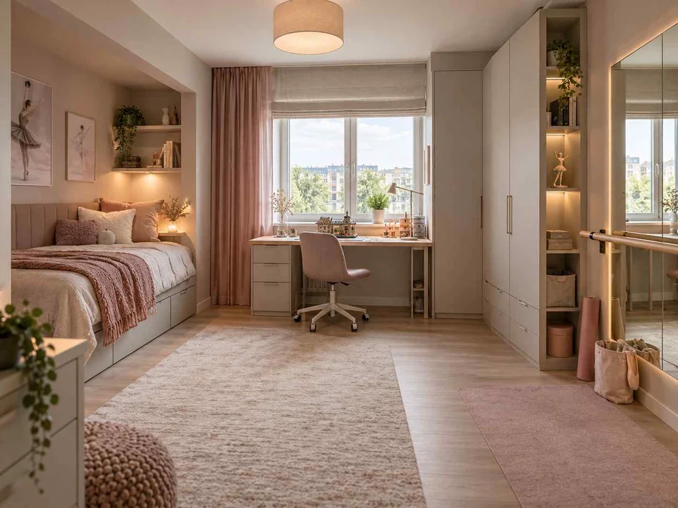 AI concept of a bedroom with a recessed sleeping area and a separate desk, with pink textiles and pale furniture
