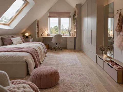 AI concept of a bedroom beneath a sloping ceiling with a bed and desk, with pink textiles and pale furniture