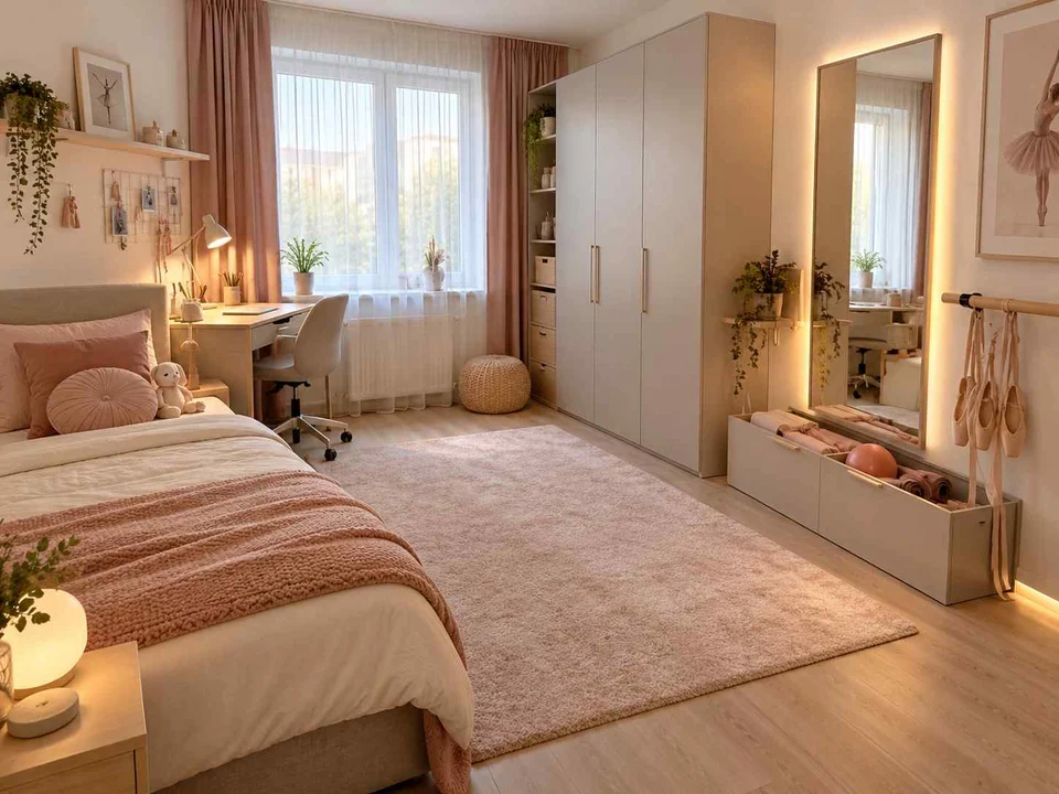 AI concept of a bedroom arranged with a bed, desk and storage furniture, with pink textiles and pale furniture