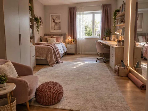 AI concept of a bedroom with desk space, task lighting and nearby storage, with pink textiles and pale furniture