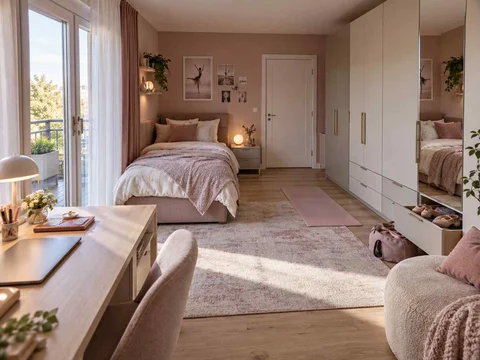 AI concept of a bedroom opening towards full-height glazed doors, with pink textiles and pale furniture