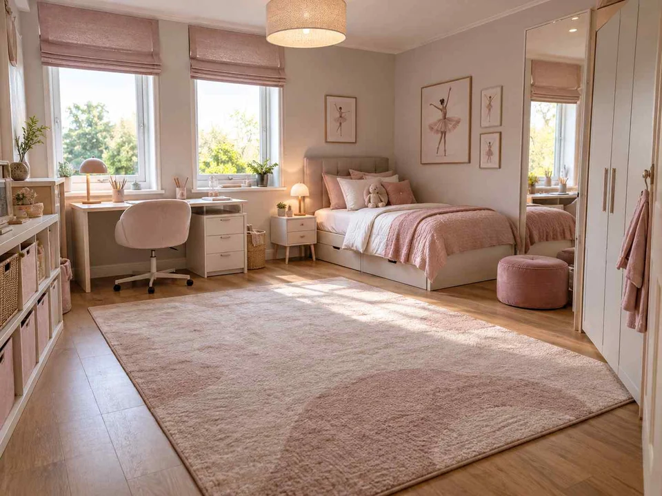 AI concept of a bedroom with a central rug and open floor space for play, with pink textiles and pale furniture