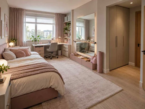 AI concept of a bedroom with a study desk and storage beside the sleeping area, with pink textiles and pale furniture