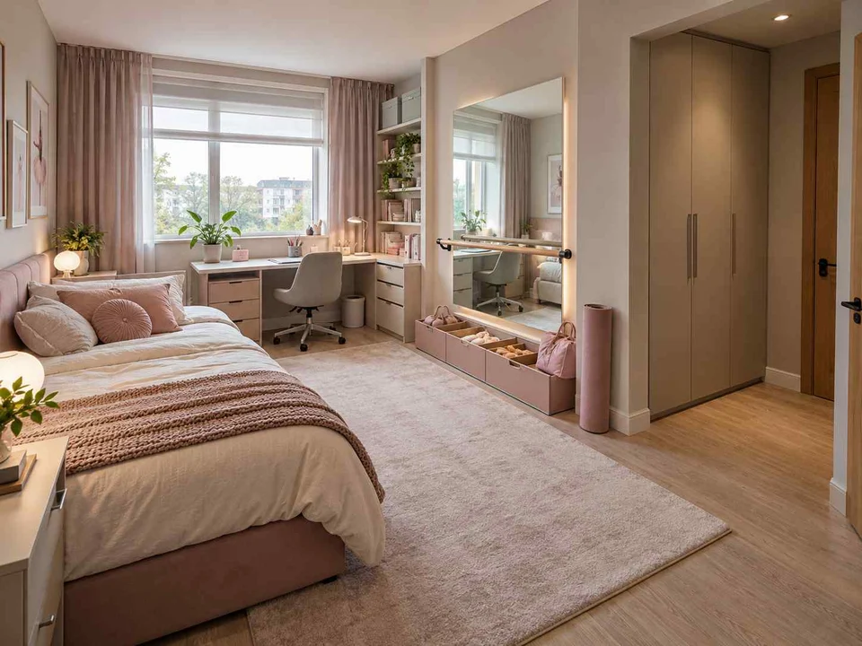 AI concept of a bedroom with a study desk and storage beside the sleeping area, with pink textiles and pale furniture
