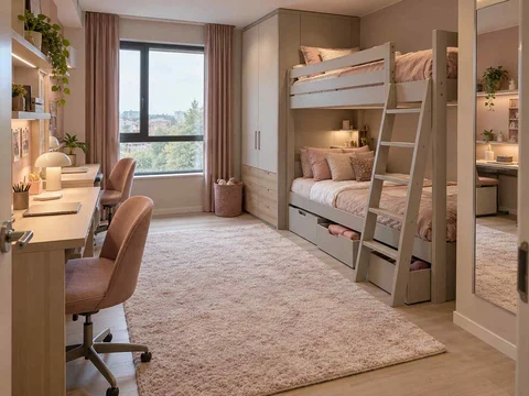 AI concept of bunk beds alongside study furniture and storage, with pink textiles and pale furniture