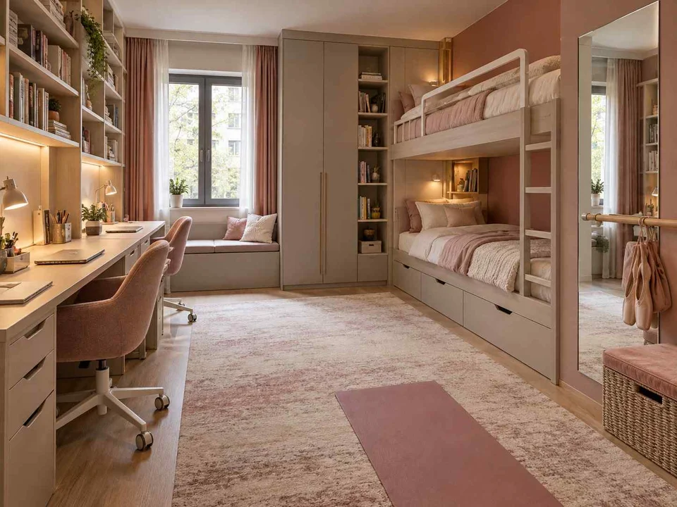 AI concept of bunk beds paired with bookshelves and study space, with pink textiles and pale furniture