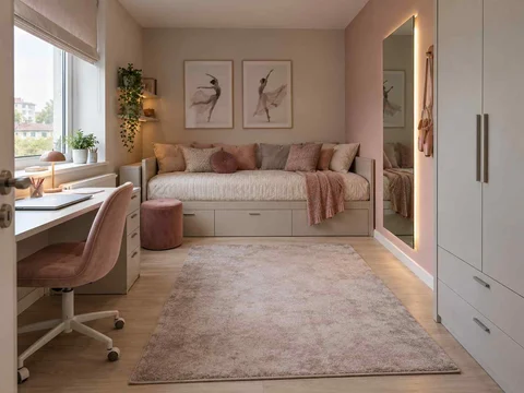 AI concept of a compact bedroom combining a bed, desk and storage, with pink textiles and pale furniture