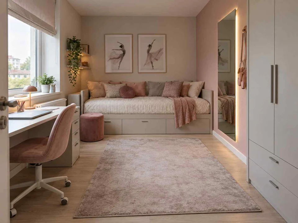 AI concept of a compact bedroom combining a bed, desk and storage, with pink textiles and pale furniture