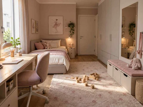 AI concept of a daylit bedroom with space for floor play, with pink textiles and pale furniture