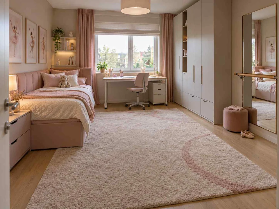 AI concept of a bedroom with a bed, study desk and open central floor space, with pink textiles and pale furniture