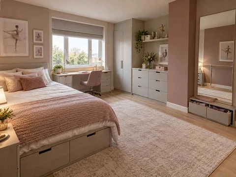AI concept of a bedroom combining low storage with taller cabinetry or shelving, with pink textiles and pale furniture