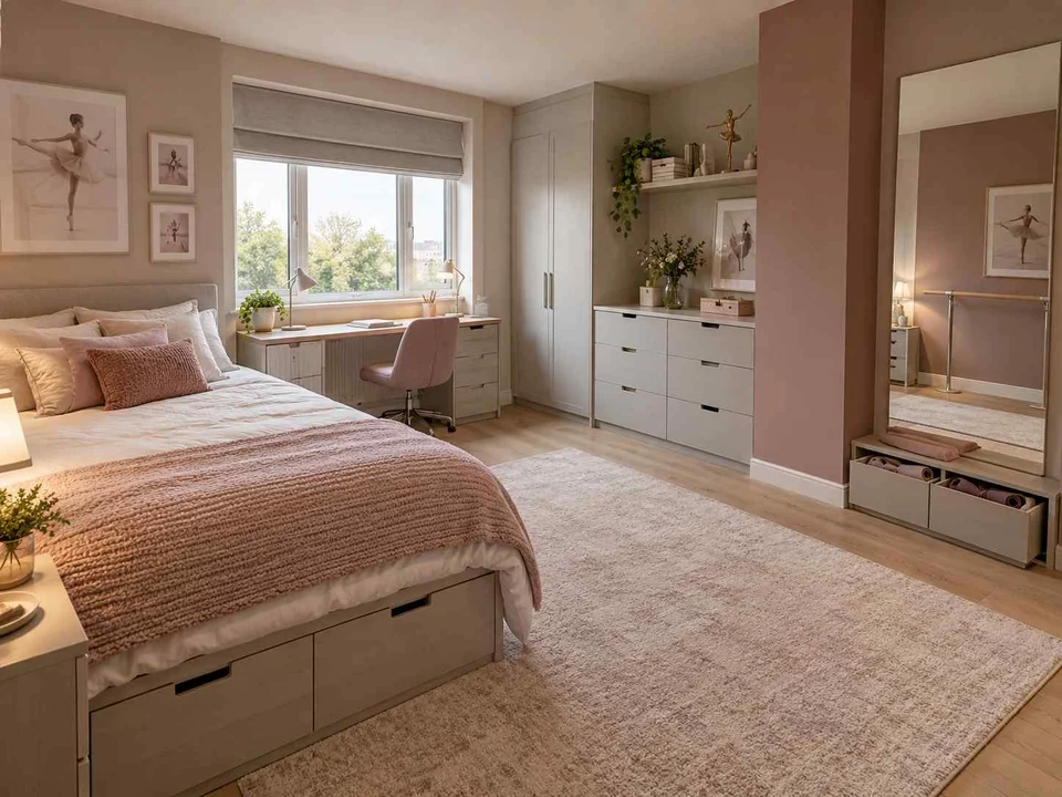 AI concept of a bedroom combining low storage with taller cabinetry or shelving, with pink textiles and pale furniture