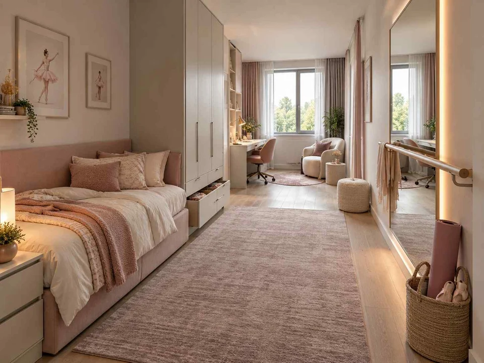 AI concept of a long bedroom with sleeping and study areas arranged along its length, with pink textiles and pale furniture